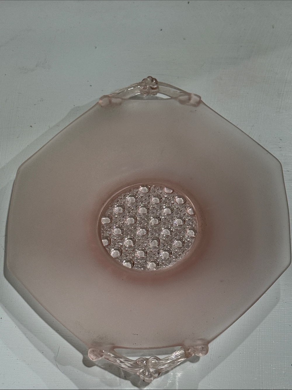 Pink Depression Lancaster Glass Co 1930 Hexagonal Dish with Beaded Center
